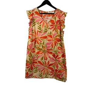 Nicole Miller New York Linen Floral Shift Dress Ruffle Sleeve Coral Pink Green M